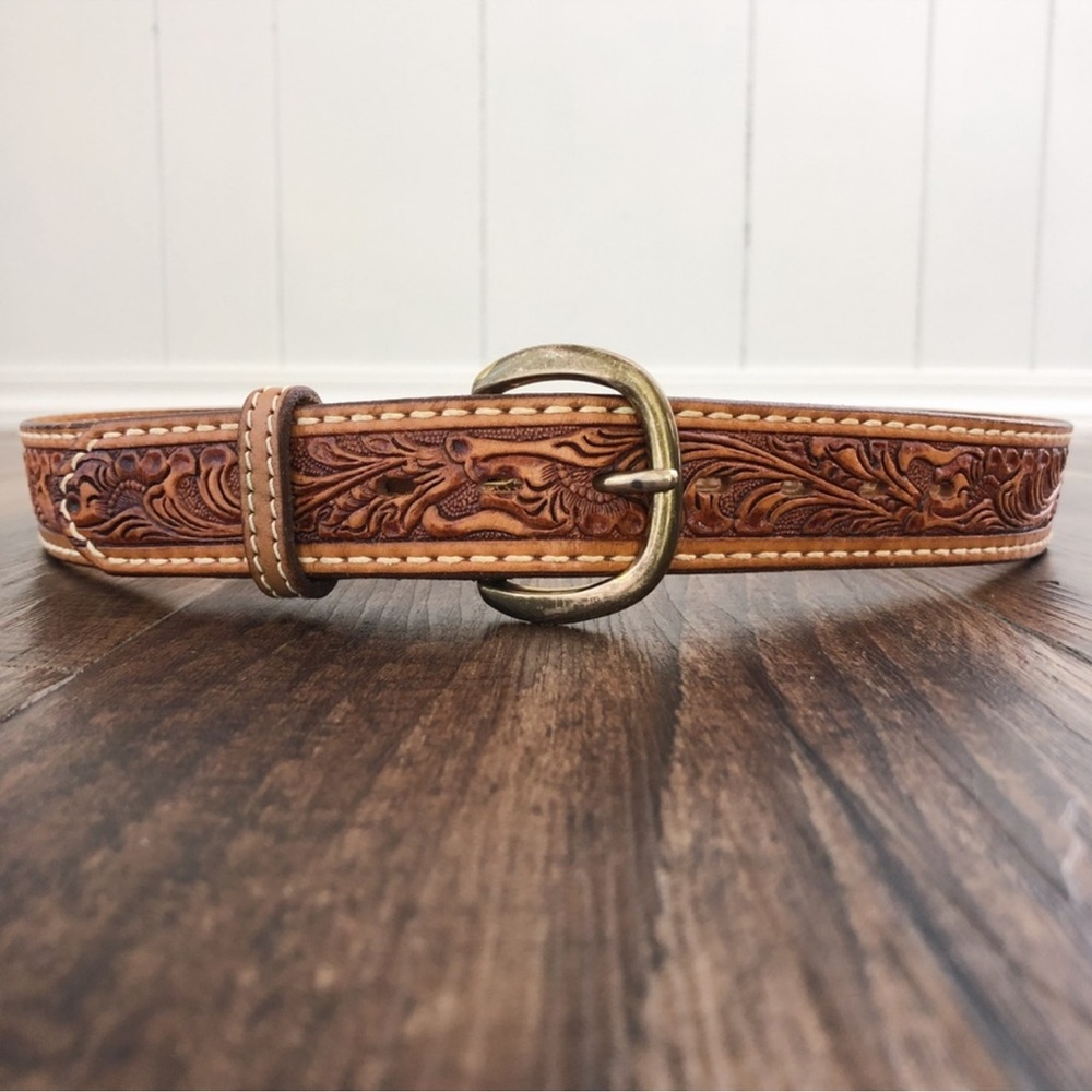 Justin Tooled Leather Belt Top Grain Cowhide  Tan with Contrast Stitching Sz 32